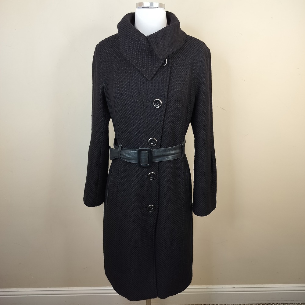 Mackage Wool Cool Leather Belt + Trim Large Womens Collared Button Up Black